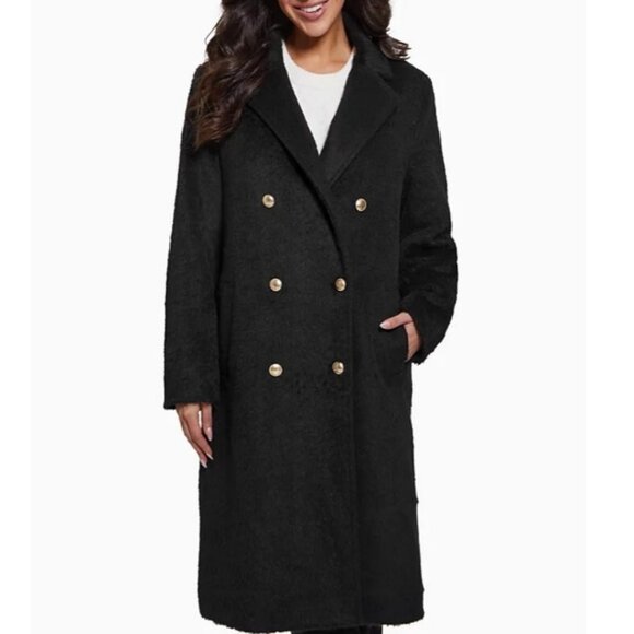 GUESS double breasted notched collar women's long coat - BLACK - Plus Size XXL - Picture 1 of 14